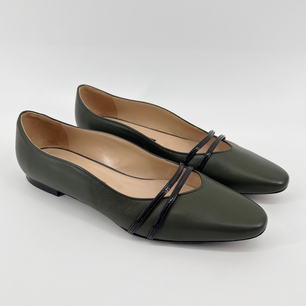 Lafayette 148 New York Kira Olive Green Leather Double Strap Flats Italy 40 - Picture 2 of 12